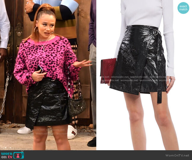 Crinkled coated-canvas mini wrap skirt by Helmut Lang worn by Jade (Talia Jackson) on Family Reunion