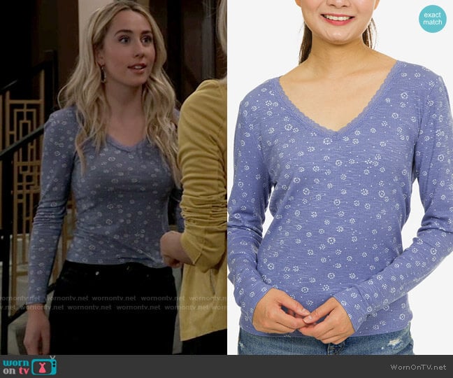 Hippie Rose Lace-Trimmed Floral Rib-Knit Top worn by Josslyn Jacks (Eden McCoy) on General Hospital