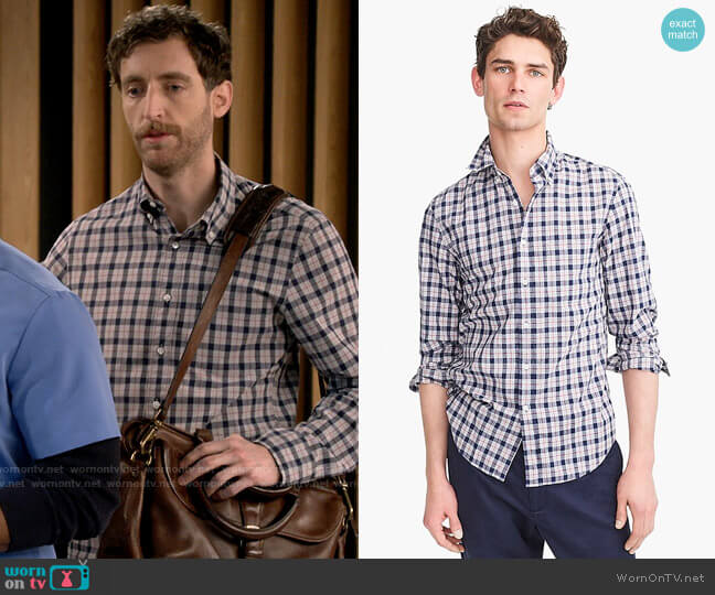 J. Crew Stretch Secret Wash shirt in organic cotton heathered plaid worn by Drew Dunbar (Thomas Middleditch) on B Positive