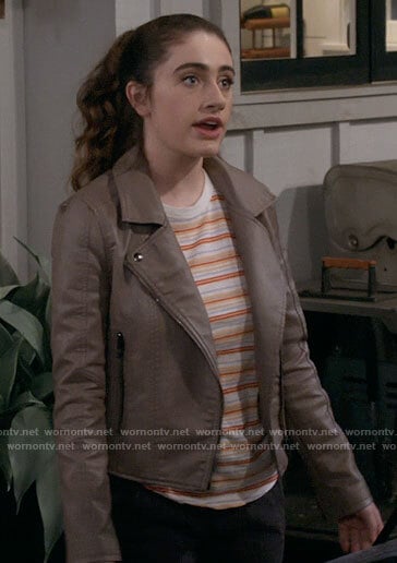 Jackie's taupe leather moto jacket on Call Your Mother