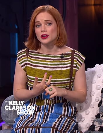 Jane Levy’s green stripe belted dress on The Kelly Clarkson Show