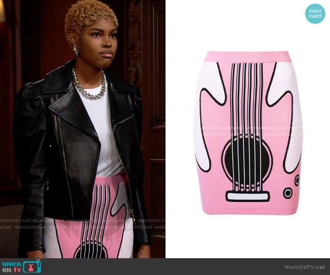 Jeremy Scott Guitar Jacquard Rayon Knit Mini Skirt worn by Paris Buckingham (Diamond White) on The Bold and the Beautiful