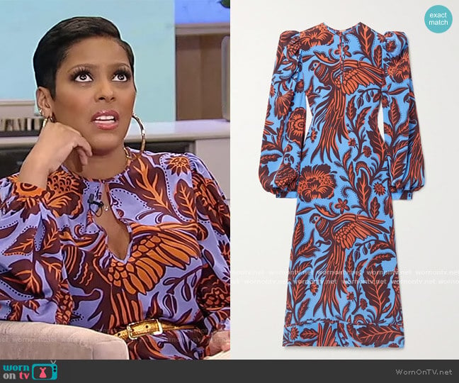 Indus Valley printed silk crepe de chine midi dress by Johanna Ortiz worn by Tamron Hall on Tamron Hall Show