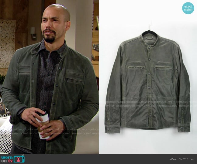 John Varvatos Star Goat Skin Suede Green Jacket worn by Devon Hamilton (Bryton James) on The Young and the Restless