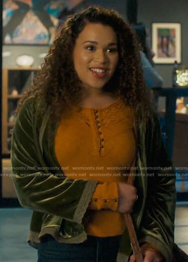 Josefina’s yellow lace henley top and green velvet jacket on Charmed
