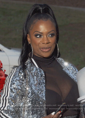 Kandi’s silver sequin bomber jacket on The Real Housewives of Atlanta