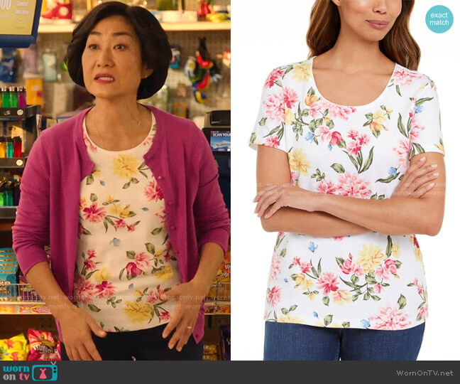 Floral-Print T-Shirt by Karen Scott worn by Mrs Kim (Jean Yoon) on Kims Convenience