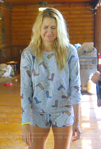 Kary's grey cowboy boots print sweatshirt and shorts on The Real Housewives of Dallas