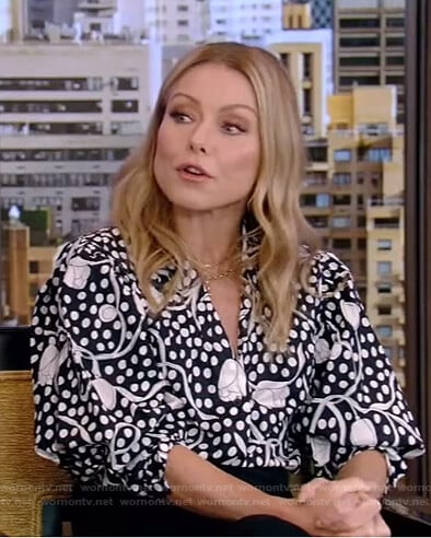 Kelly’s black floral and polka dot top on Live with Kelly and Ryan