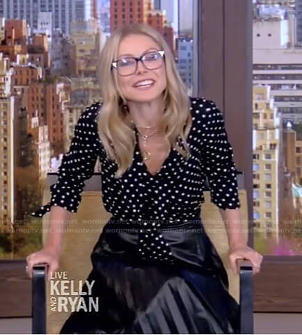 Kelly’s black polka dot blouse and pleated skirt on Live with Kelly and Ryan