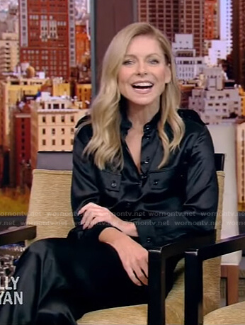 Kelly’s black satin jumpsuit on Live with Kelly and Ryan