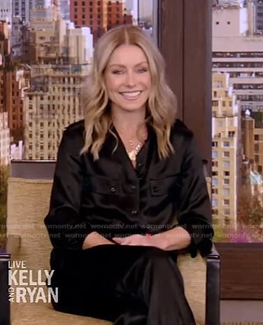 Kelly’s black satin jumpsuit on Live with Kelly and Ryan