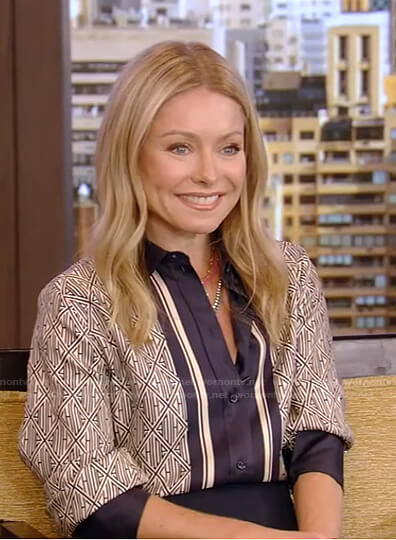 Kelly’s printed blouse with center stripe on Live with Kelly and Ryan