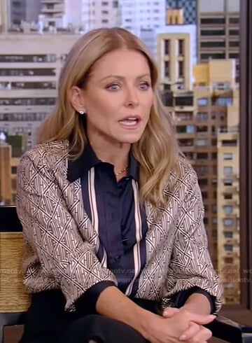 Kelly’s printed blouse with center stripe on Live with Kelly and Ryan