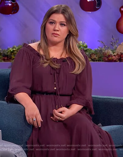 Kelly’s purple off shoulder dress on The Kelly Clarkson Show