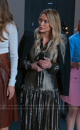 Kelsey’s metallic striped tie neck dress on Younger