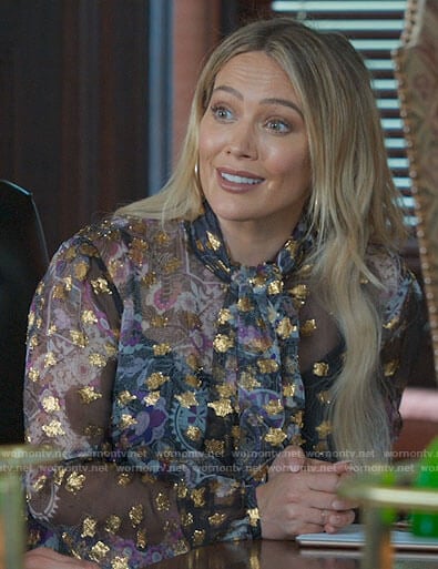 Kelsey’s printed blouse with gold details on Younger