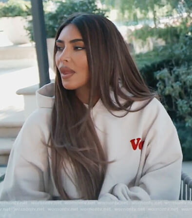 Kim's beige Vote hoodie on Keeping Up with the Kardashians