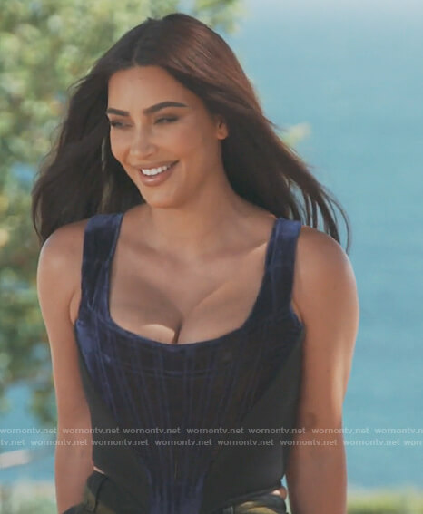 Kim's blue velvet corset on Keeping Up with the Kardashians