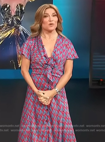 Kit’s blue and red cat print dress on Access Hollywood