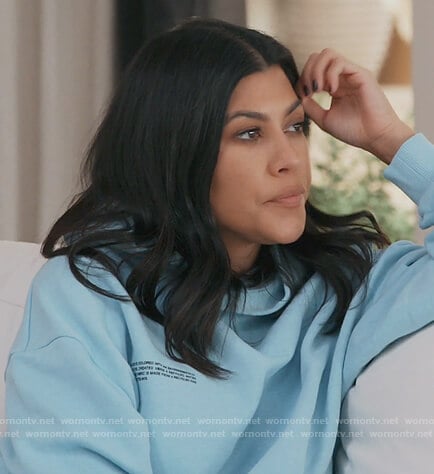 Kourtney's blue hoodie with writing on Keeping Up with the Kardashians