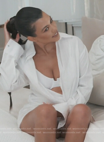 Kourtney's white drape shirtdress on Keeping Up with the Kardashians