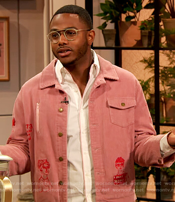 Kwame Onwuachi’s pink embroidered jacket on The Drew Barrymore Show