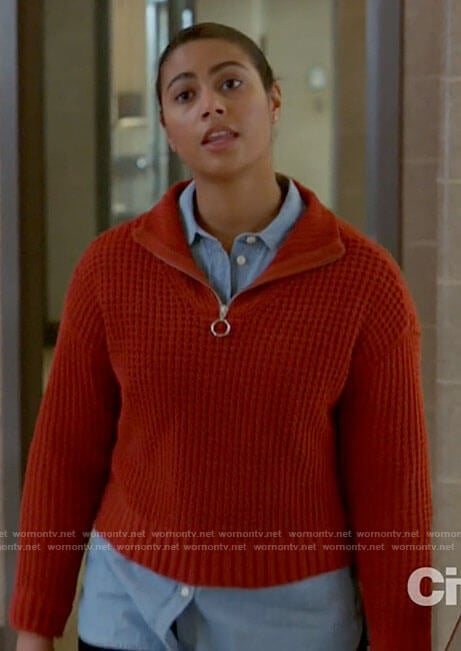 Kylie’s red zip neck sweater on Chicago Fire