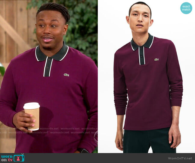 Lacoste Cotton Piqué Polo Shirt Bordeaux/White/Green worn by Marty (Marcel Spears) on The Neighborhood