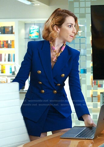 Lauren’s blue double breasted blazer and skirt with pockets on Younger