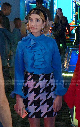 Lauren’s blue ruffle blouse and houndstooth skirt on Younger