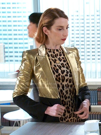 Lauren’s leopard dress and metallic blazer on Younger