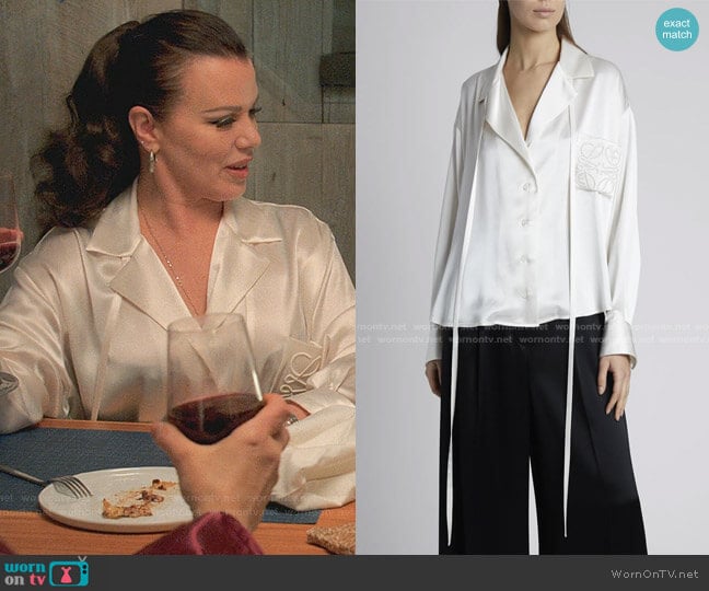 Satin Anagram Pajama Blouse by Loewe worn by Maggie (Debi Mazar) on Younger