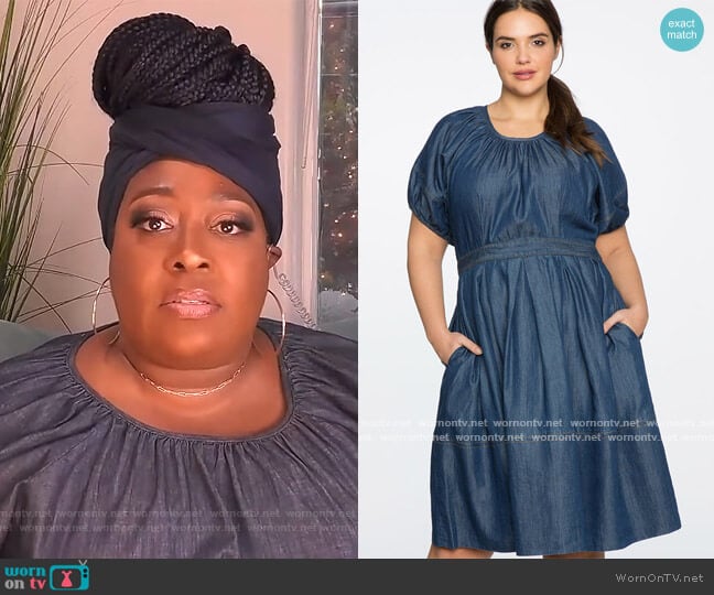 Puff Sleeve Chambray Fit and Flare Dress by Eloquii worn by Loni Love on The Real