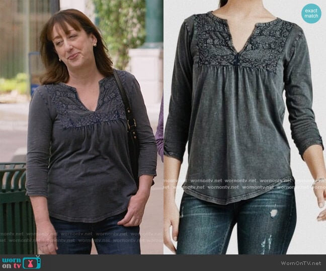 Distressed Crochet Lace Top by Luck Brand worn by Beth Hall on Mom