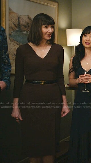 Maggie's brown v-neck sheath dress on Zoeys Extraordinary Playlist