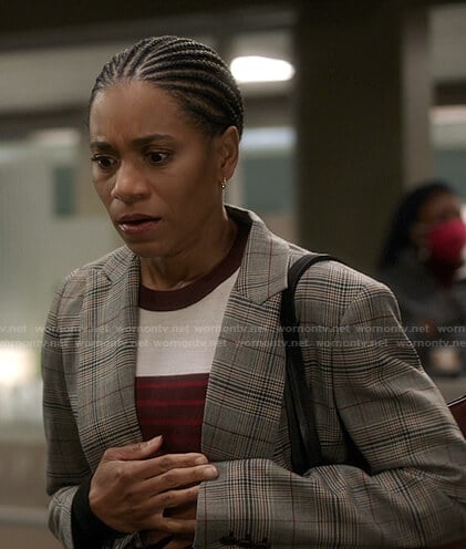 Maggie's red striped sweater and grey plaid blazer on Greys Anatomy