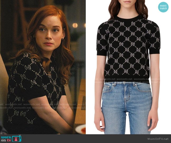 Metallic Monogram Jacquard Short Sleeve Sweater by Maje worn by Zoey Clarke (Jane Levy) on Zoeys Extraordinary Playlist