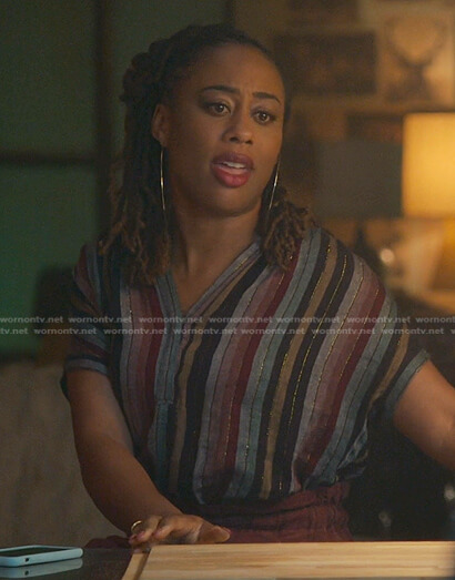 Malika’s multicolor striped short sleeve top on Good Trouble