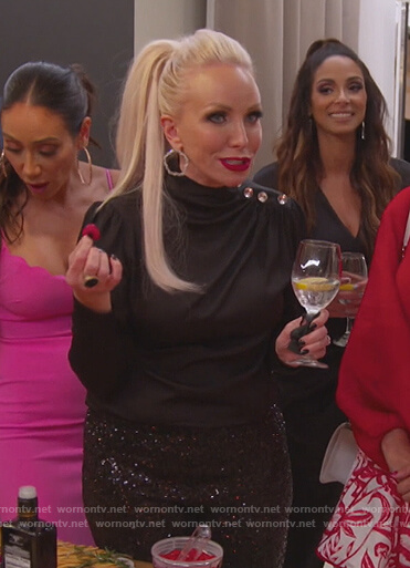 Margaret's black satin button embellished blouse on The Real Housewives of New Jersey