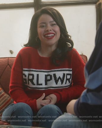 Mariana’s red Grl Pwr sweater on Good Trouble