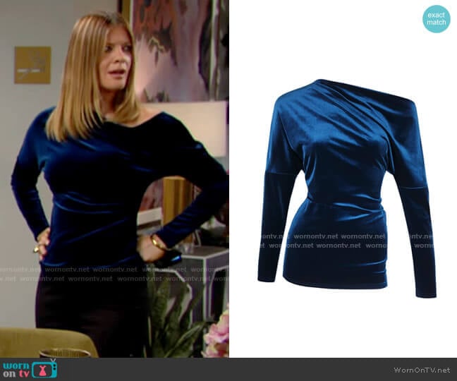 Me & Thee Ease Off Sapphire Velvet Top worn by Phyllis Summers (Michelle Stafford) on The Young and the Restless