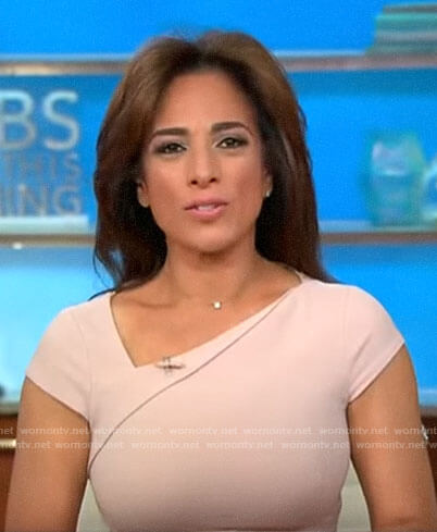 Michelle Miller's light pink dress with asymmetric neckline on CBS This Morning