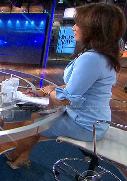 Michelle Miller’s blue button front dress with bow sleeves on CBS This Morning