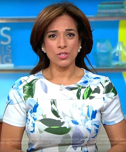 Michelle Miller's white floral short sleeve dress on CBS This Morning