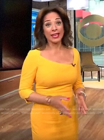 Michelle Miller’s yellow asymmetric neckline dress on CBS This Morning