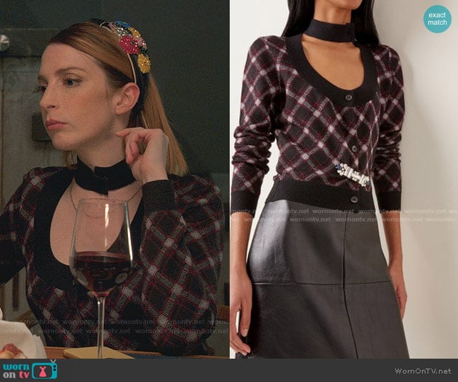 Embellished Cutout Plaid Wool Cropped Cardigan by Miu Miu worn by Lauren (Molly Bernard) on Younger