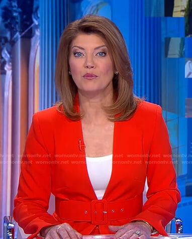 Norah’s red lapelless blazer on CBS Evening News