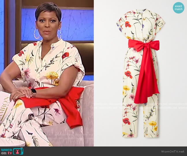 Bow-detailed floral-print cotton-blend poplin jumpsuit by Oscar de la Renta worn by Tamron Hall on Tamron Hall Show