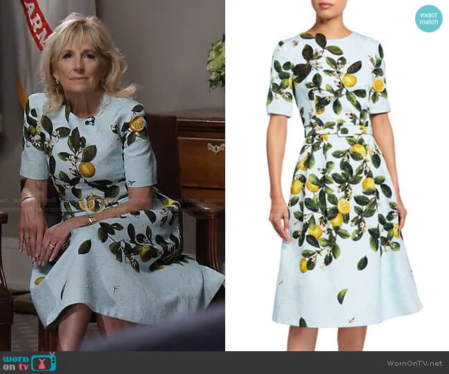 Lemon Print Belted Midi Dress by Oscar de la Renta worn by Jill Biden on Today